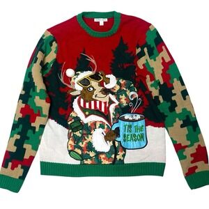 Camo Reindeer Ugly Christmas Sweater Mens‎ L Holiday Party Hunting Novelty Humor